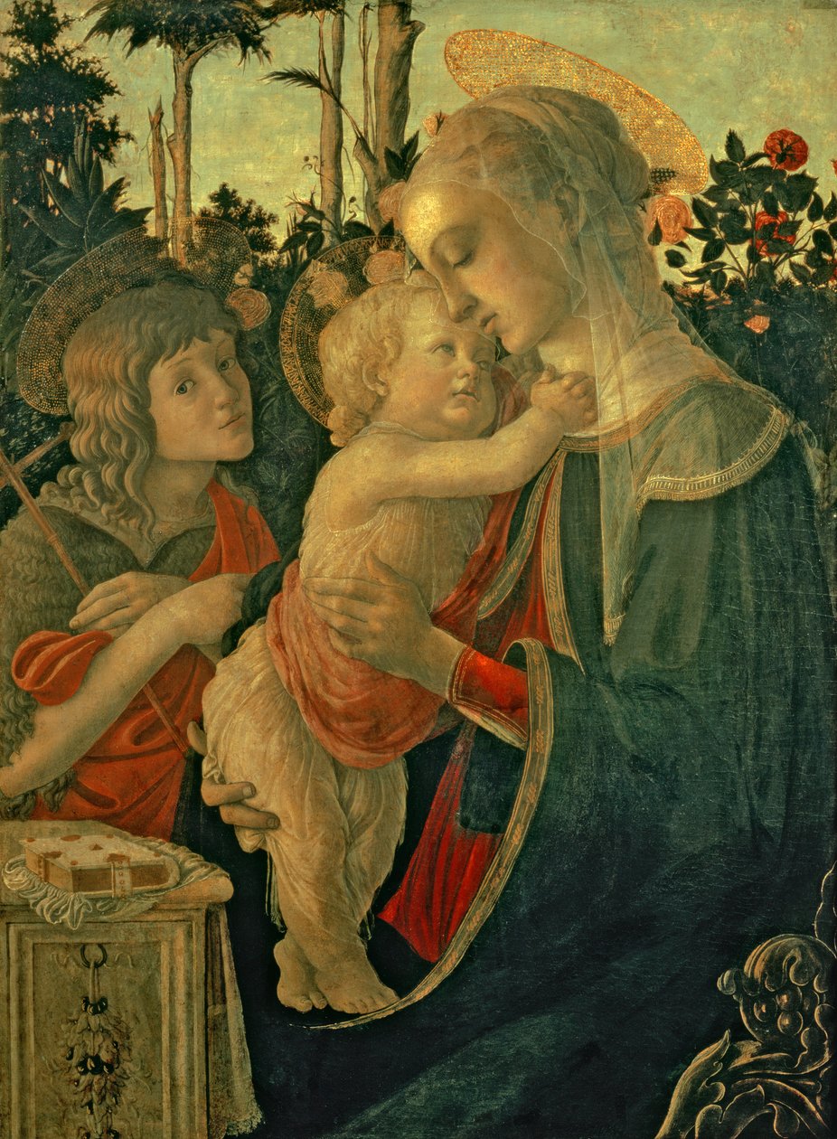 Madonna og barn med døperen Johannes (olje på panel) (for detaljer se 93885, 93887) av Sandro Botticelli