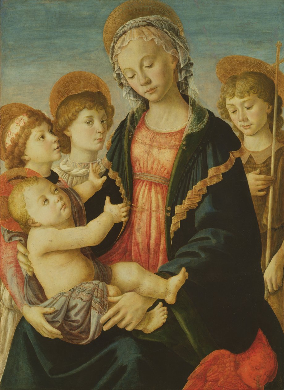 Jomfruen og barnet med to engler og døperen Johannes, ca. 1470 (olje på panel) av Sandro Botticelli