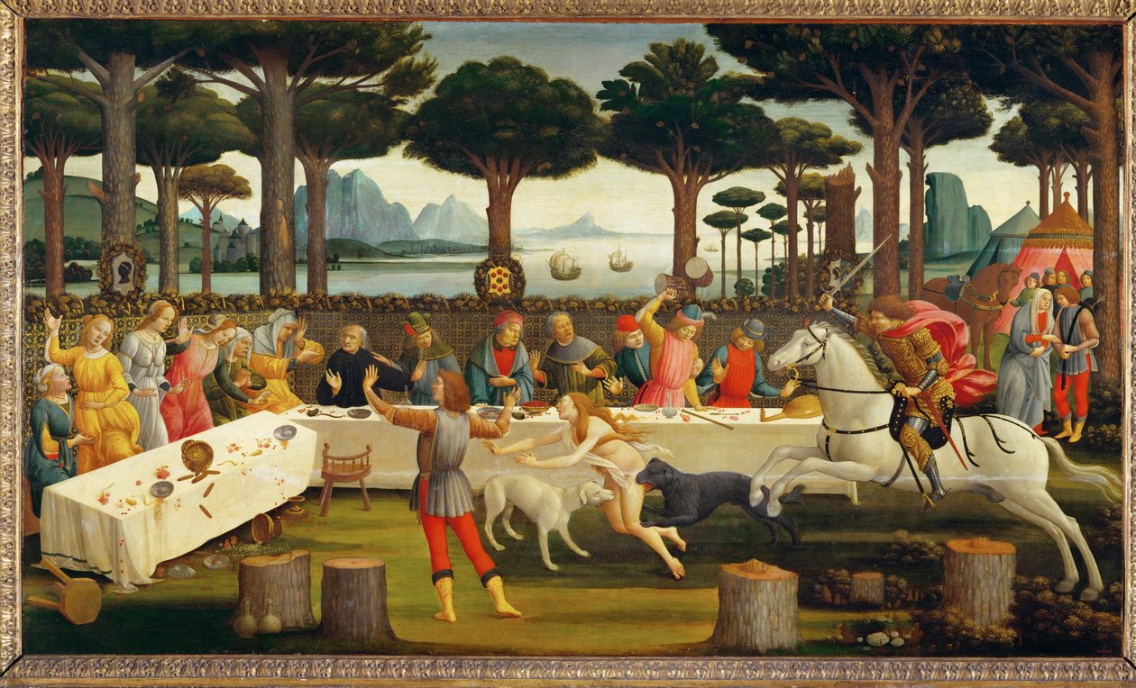 Die Geschichte von Nastagio degli Onesti, drittes Panel: Nastagio lädt seine Geliebte und ihre Familie ein; während des Essens von Sandro (1444/5-1510) Botticelli