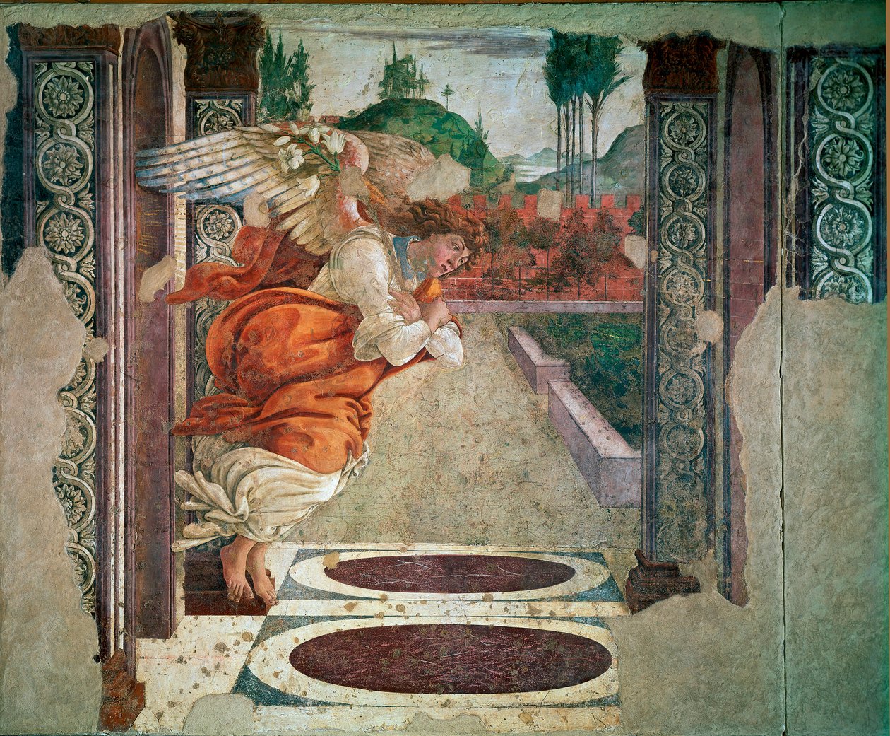 Angel of the Annunciation Detail. Fresco av Alessandro di Mariano dei Filipepi dit Sandro Botticelli (1445-1510). 1481 søn. 245x535 cm Firenze, Uffizi-galleriet (kontorer) av Sandro Botticelli