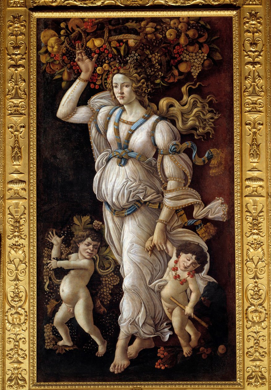 Høst eller allegori mot vinmisbruk En ung kvinne bærer på hodet en kurv full av frukt som representerer overflod og drar for hånd to fulle små barn (bacchus). Maleri av Alessandro di Mariano dei Filipepi dit Sandro Botticelli (1445-15 av Sandro Botticelli