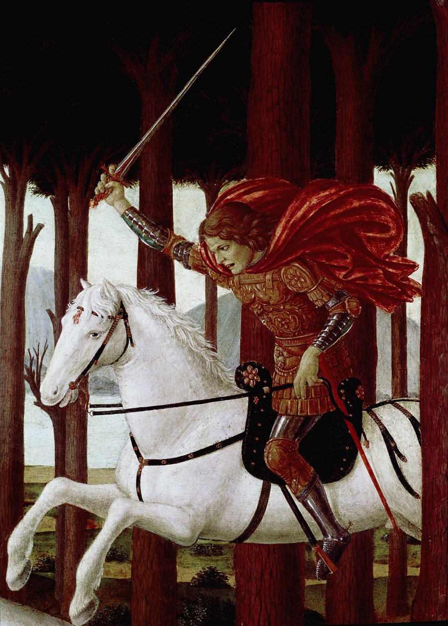 Historien om Nastagio degli Onesti: Encounter with the Damned in the Pine Forest (fra en Decamerons novelle av Boccaccio) (olje på panel av Sandro Botticelli