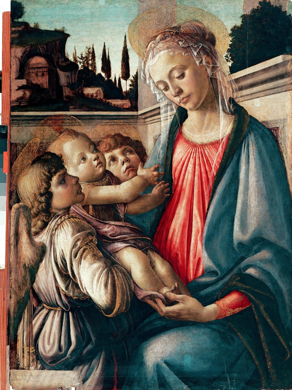 Madonna har barn med to engler Detrempe på tre av Sandro Filipepi dit Botticelli (1445-1510) 1468-1469 Dim. 100x71 cm Napoli, Galleria Nazionali di Capodimonte - Madonna og barn med to engler, av Sandro Filipepi a.k.a Botticelli (1445-1510). Temperament av Sandro Botticelli