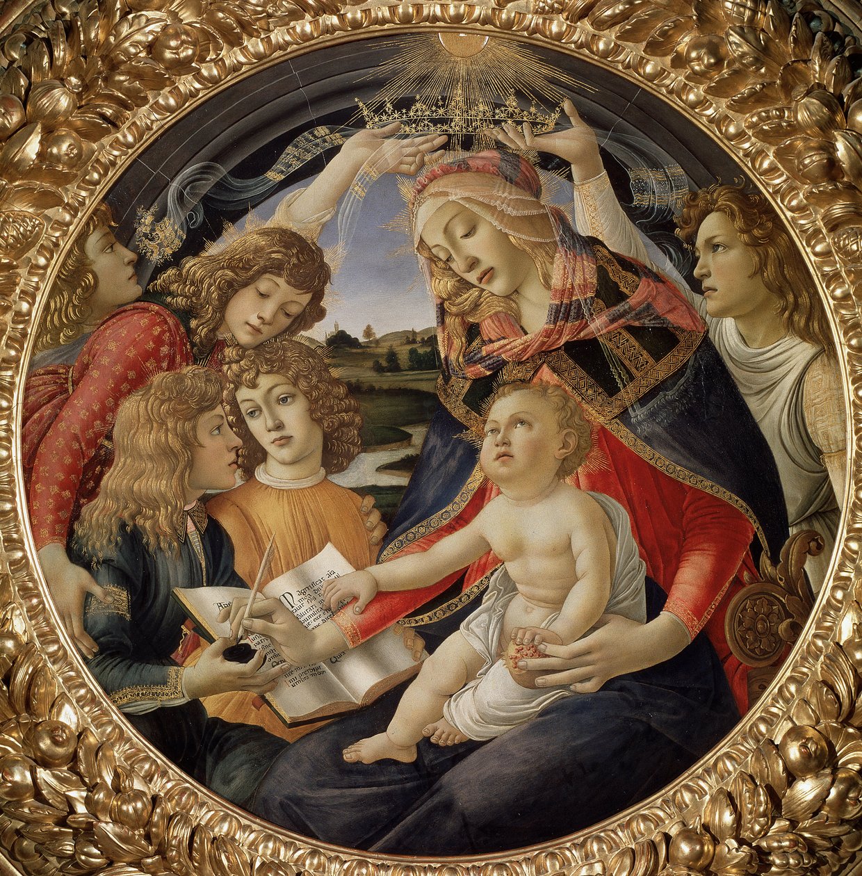 Madonna of the Magnificat eller Jomfru med barn og fem engler (tempera på tre av Sandro Botticelli