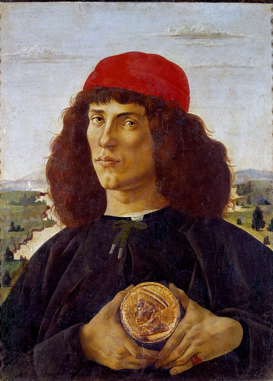 Portrett av en ukjent mann som holder medaljen til Cosimo de Medicis (Cosimo de Medici). Maleri av Alessandro di Mariano de Philippi av Sandro Botticelli (1445-1510). Tempera på lerret, 57,5 ​​x 44 cm av Sandro Botticelli