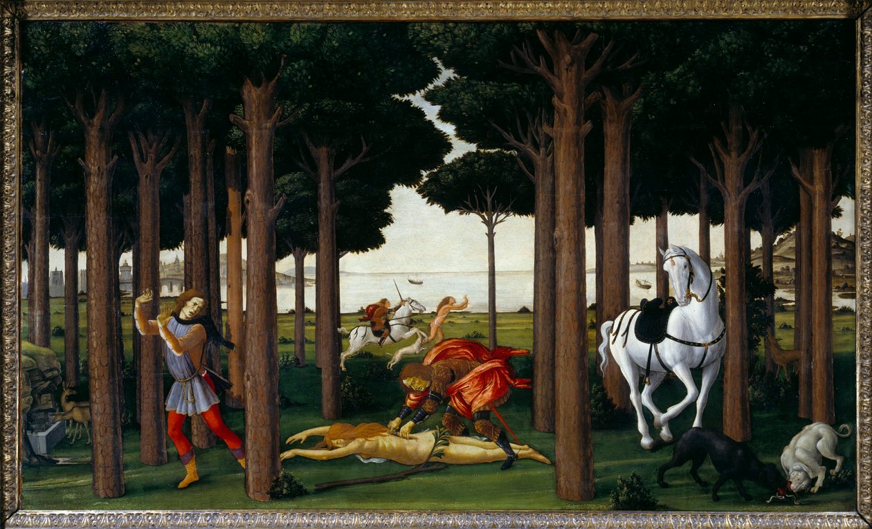 Story of Nastagio degli Onesti: Infernal Hunt”” andre panel i en serie på fire: Nastagio, ulykkelig forelsket, deltar på utryddingen av en ung kvinne som er skyldig i å ikke utveksle kjærligheten som en ridder bærer, og som vil bli slukt av hunder. Fra en  av Sandro Botticelli