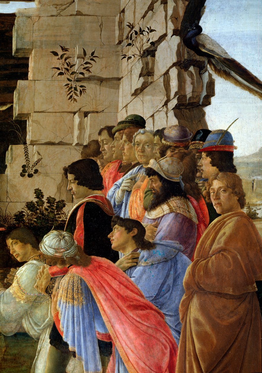 The Adoration of the Magi, detalj av selvportrettet til høyre (tempera på tre av Sandro Botticelli