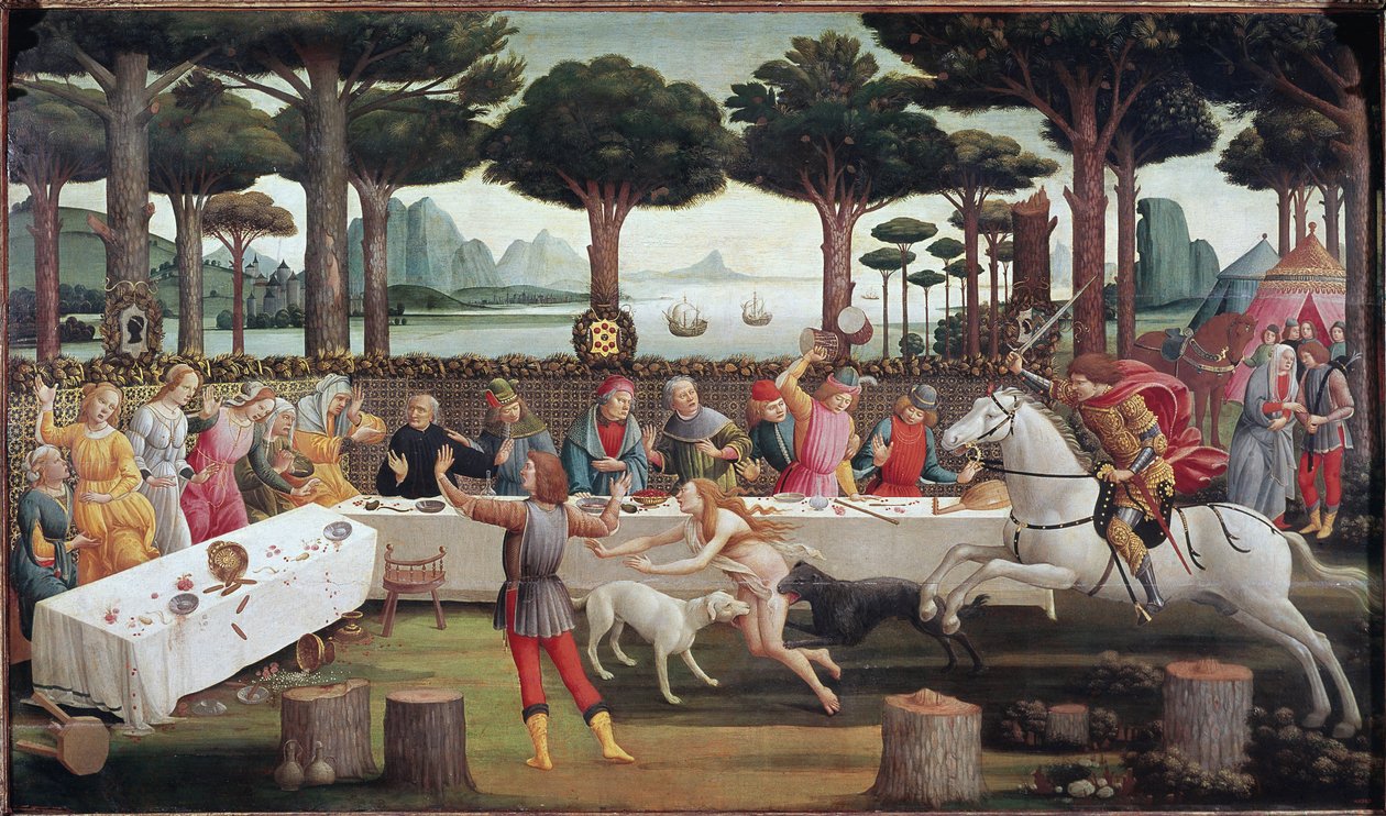 Banketten i skogen: Scene III av historien om Nastagio degli Onesti av Sandro Botticelli