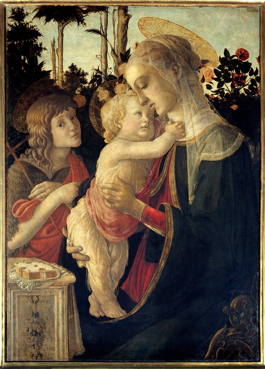 Jomfruen og Jesusbarnet med det unge døperen Johannes-barnet Maleri av Alessandro di Mariano dei Filipepi dit Sandro Botticelli (1445-1510). 1400-tallets søn. 0,90 x 0,67 m - Jomfruen, Jesusbarnet og døperen Johannes, barn. Maleri b av Sandro Botticelli