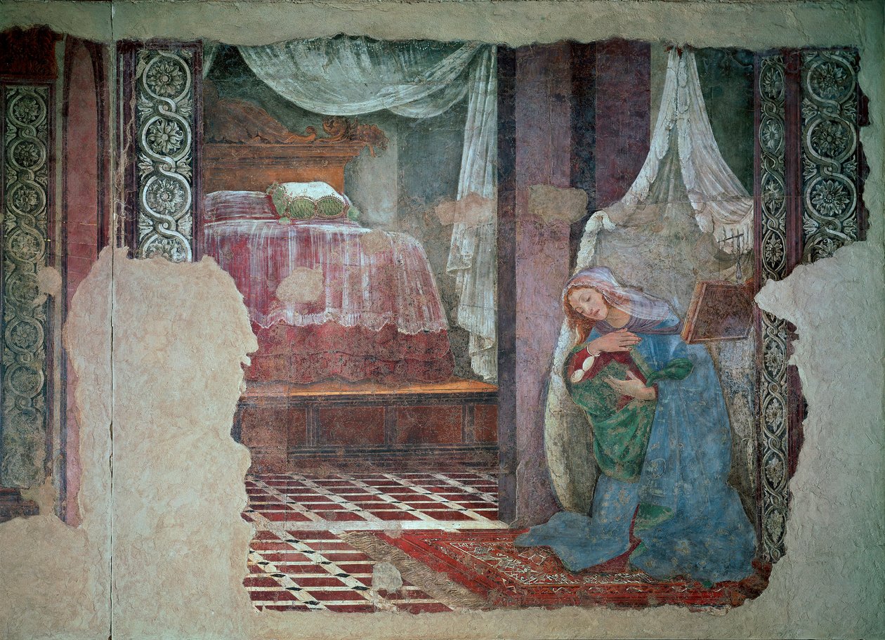 Jomfruen til kunngjøringens detalj. Fresco av Alessandro di Mariano dei Filipepi dit Sandro Botticelli (1445-1510). 1481 søn. 245x535 cm Firenze, Uffizi-galleriet (kontorer) av Sandro Botticelli