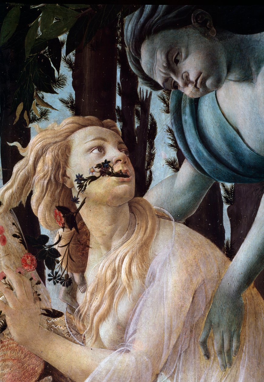 Våren. Detalj: Zephyr griper Chloris iført et gjennomsiktig slør (maleri av Sandro Botticelli