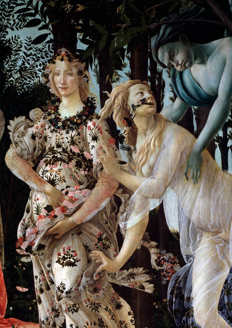 Våren. Detalj: Zephyr griper nymfen Chloris iført et gjennomsiktig slør og Flora i sin blomsterkjole (maleri av Sandro Botticelli