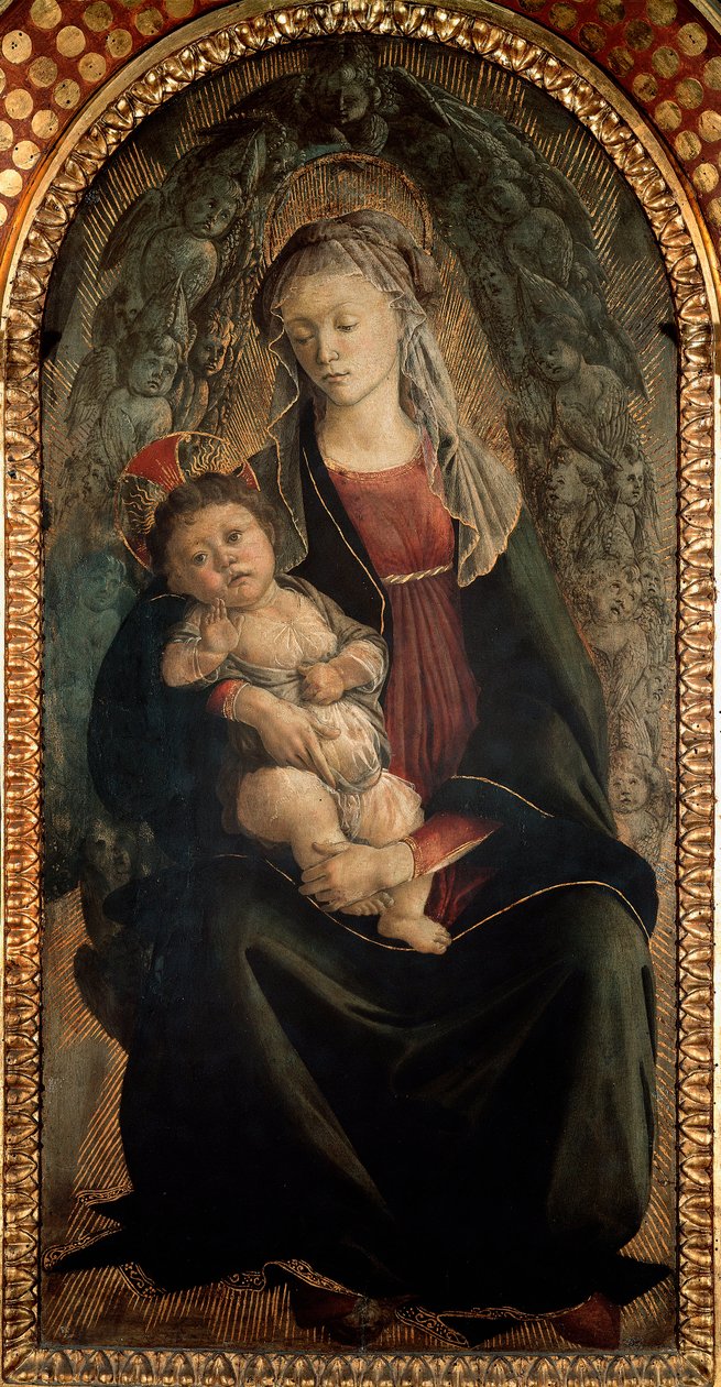 Jomfru og barn i herlighet omgitt av Seraphin-engler Detrempe på tre av Alessandro di Mariano dei Filipepi, dit Sandro Botticelli (1445-1510) 1469-1470 Dim.120x65 cm Florence Uffizi Gallery (Uffizi) av Sandro Botticelli