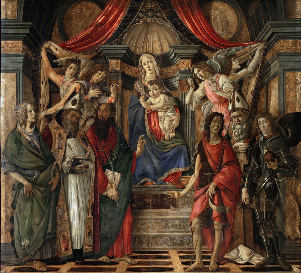 Jomfru og barn med hellige fra altertavlen i San Barnabas - Tempera på tre av Sandro Botticelli