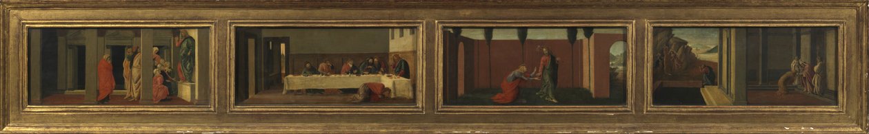 Scener fra Maria Magdalenas liv (fire predellapaneler - a. Kristusundervisning; b. fest i Simons hus; c. Noli me Tangere; d. Magdalenas siste øyeblikk) av Sandro (after) Botticelli