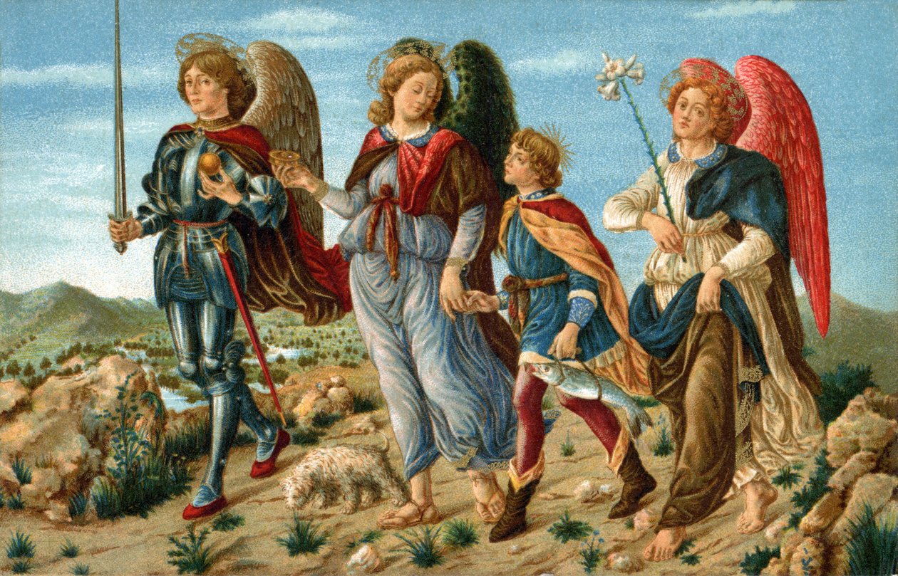 De tre erkeenglene og Tobie. Englene Raphael, Gabriel og Michel følger unge Tobie. Kromolitografi laget rundt 1900 for postkort etter maleriet av Sandro Botticelli (1445-1510). av Sandro (after) Botticelli