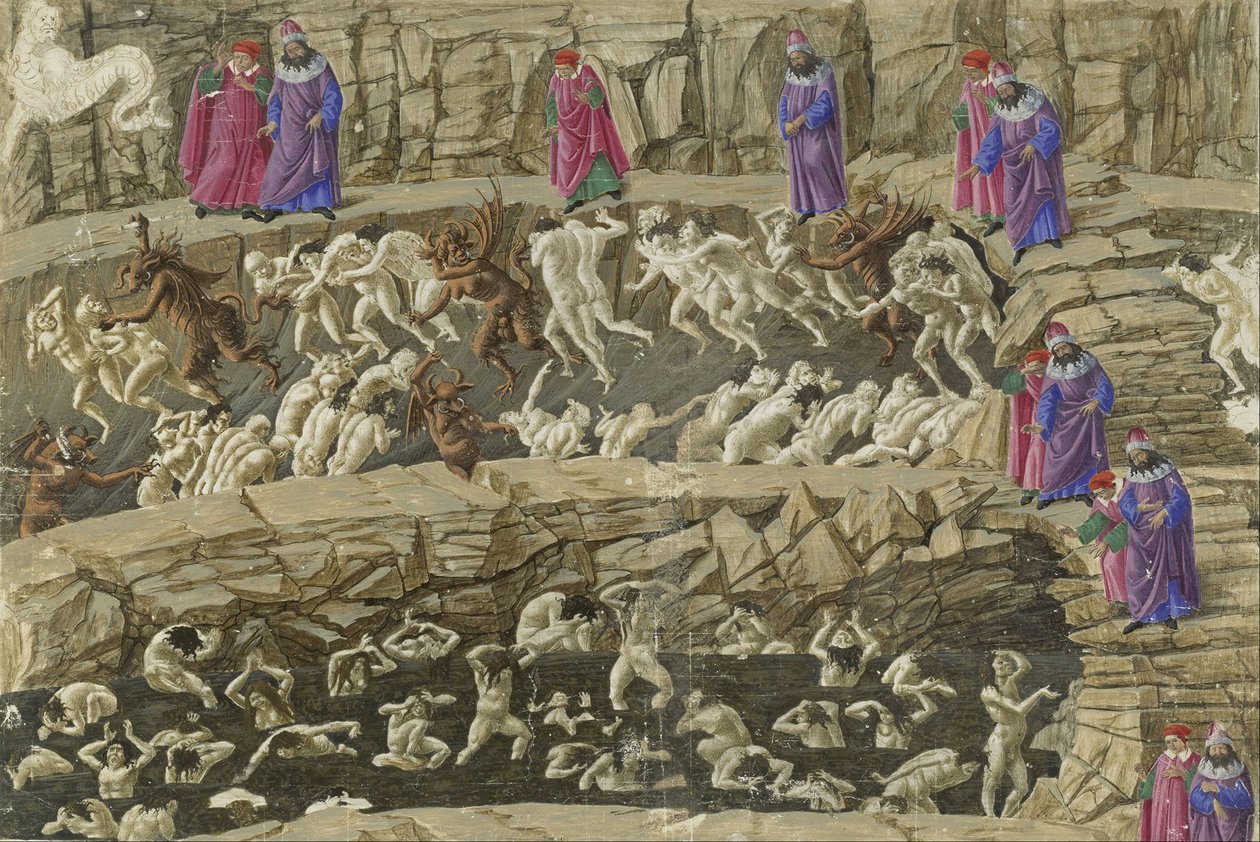 Canto XVIII, del av helvetes 8. sirkel, illustrasjon fra Dantes "Inferno", ca. 1485 av Sandro Botticelli