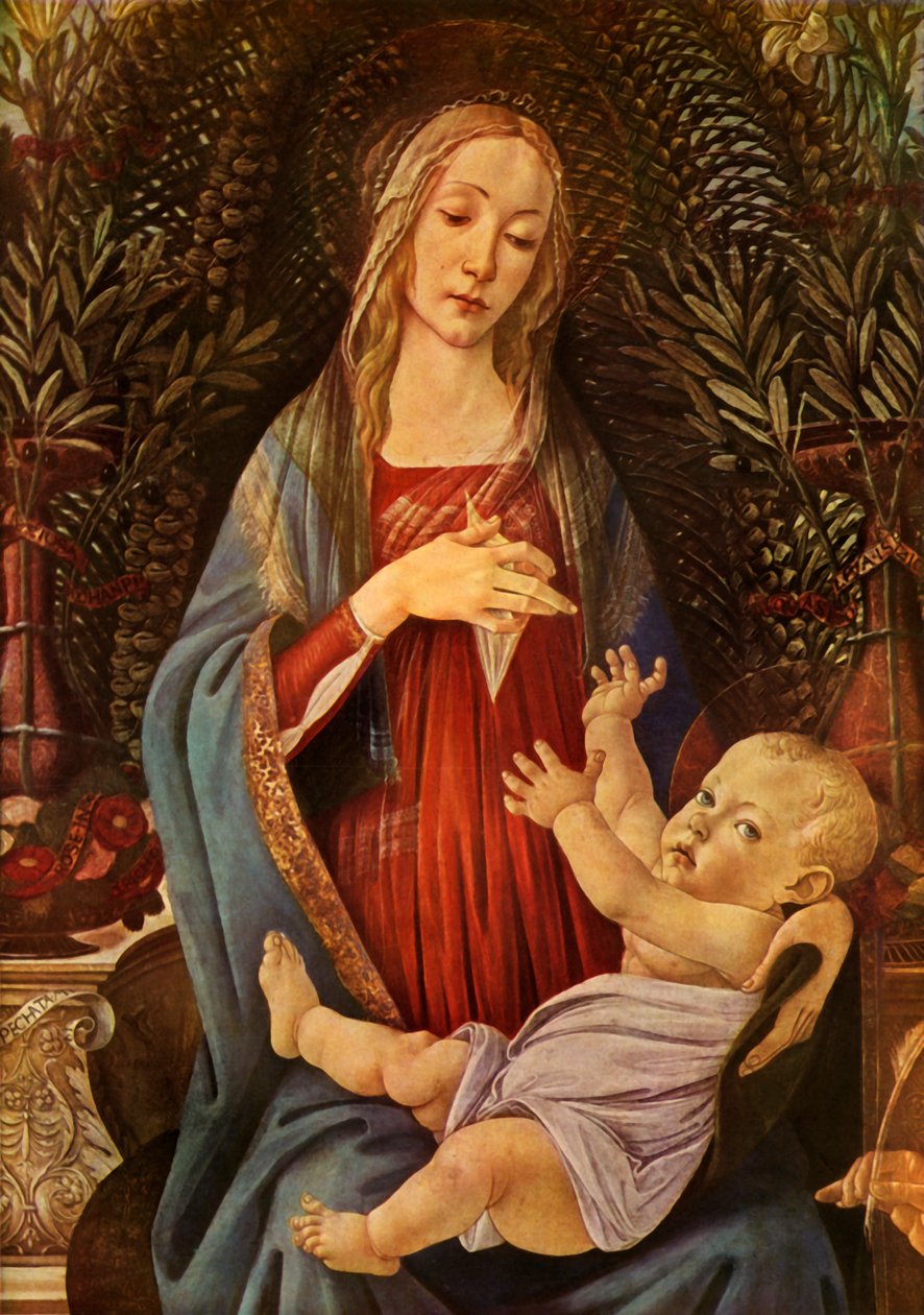 Detalj fra Madonna og barn med begge de hellige Johannes, 1485, 1937. av Sandro Botticelli