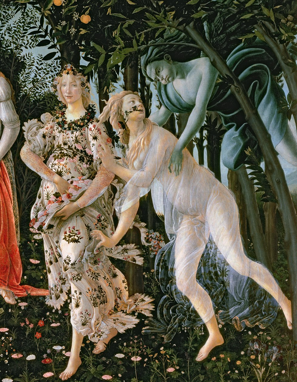 Detalj av Zephyr, og Flora som vårens time, fra Primavera-temperaet på paneldetaljene fra 558 av Sandro Botticelli