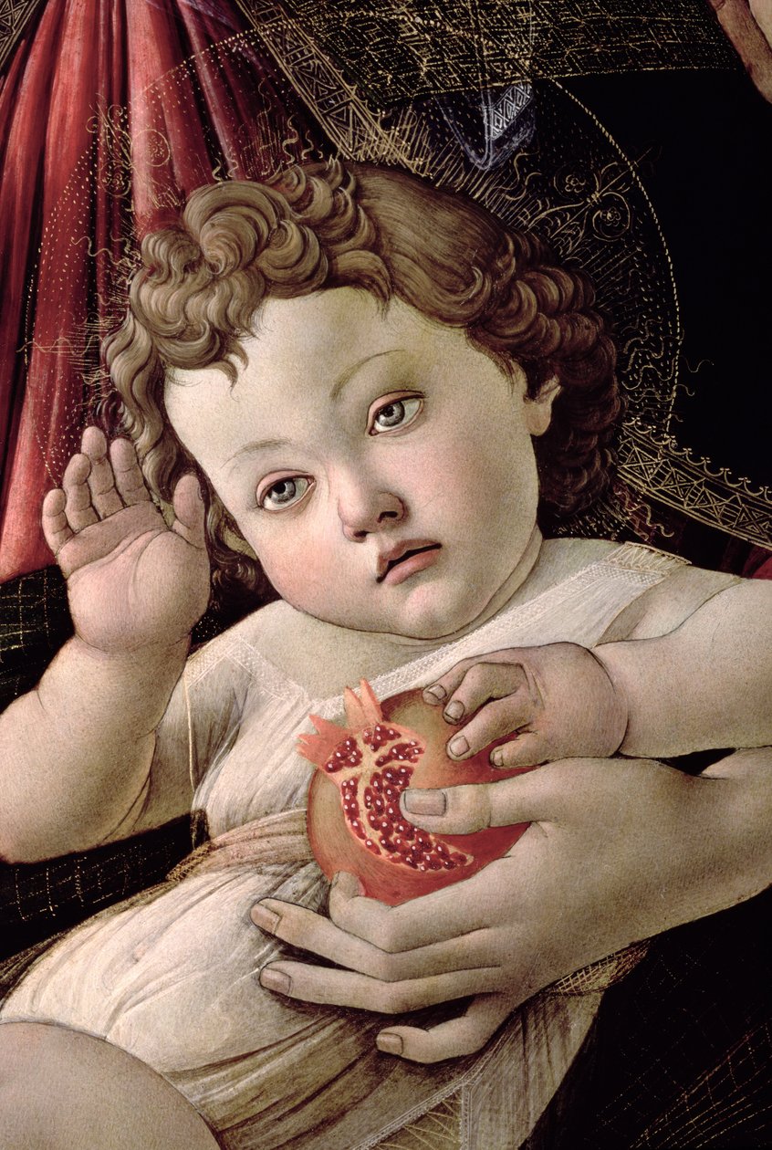 Detalj av Kristusbarnet fra Madonna of the Pomegranate-tempera på panel se 44340 av Sandro Botticelli