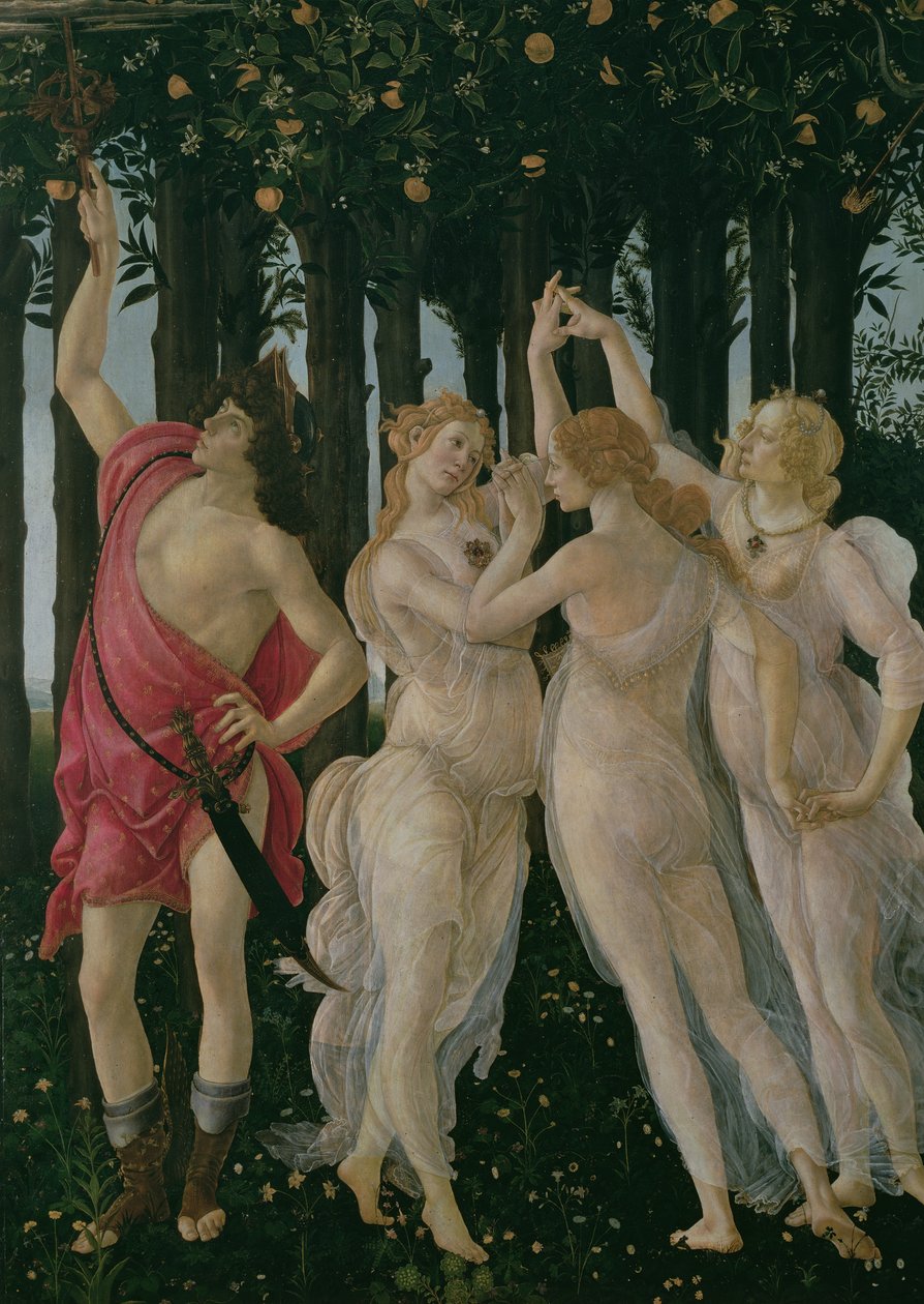 Detalj av de tre nåde og kvikksølv, fra Primavera tempera på paneldetalj av 558 av Sandro Botticelli