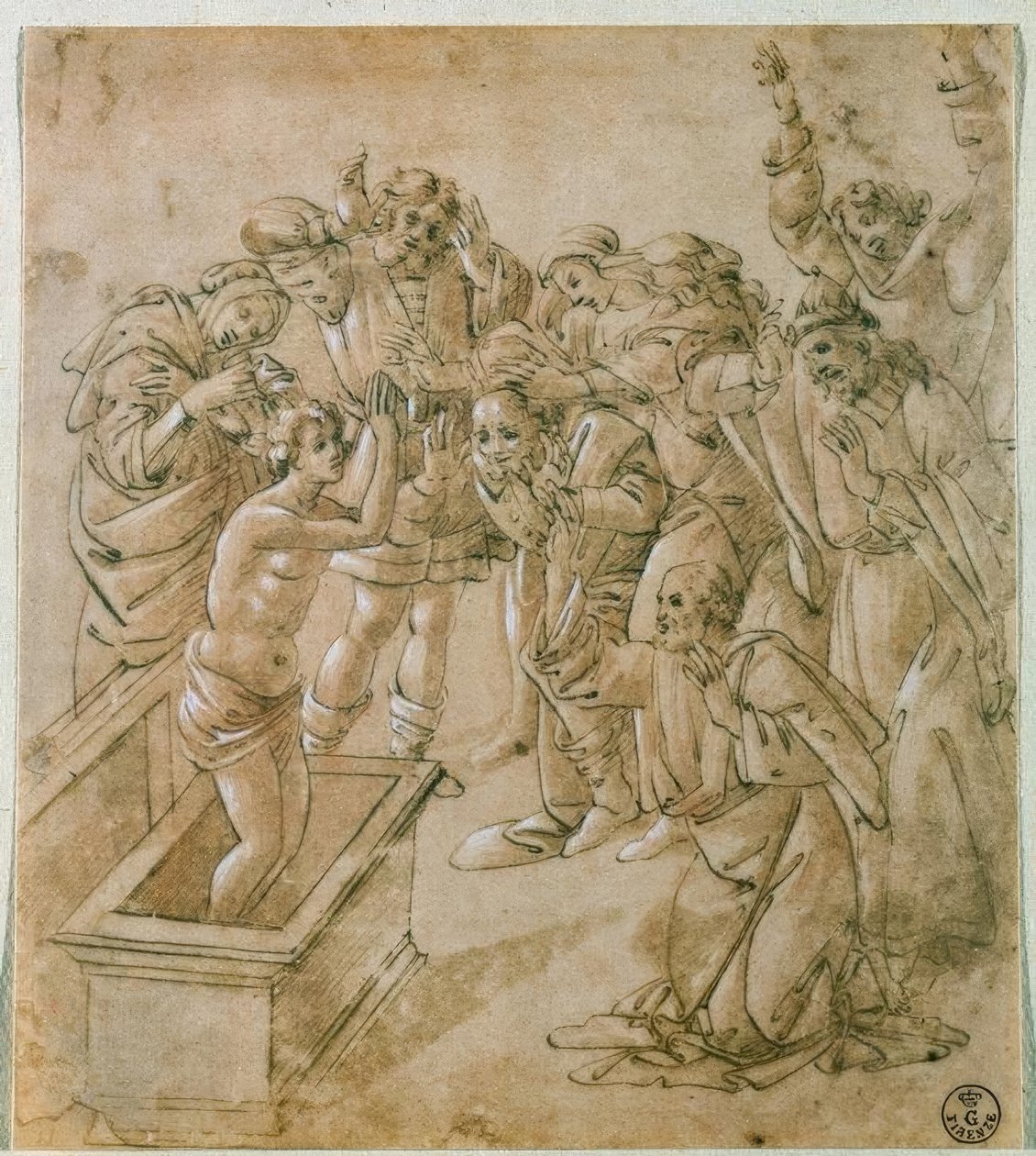 Oppreisningen av sønnen til Theofilus fra de døde av Sandro Botticelli