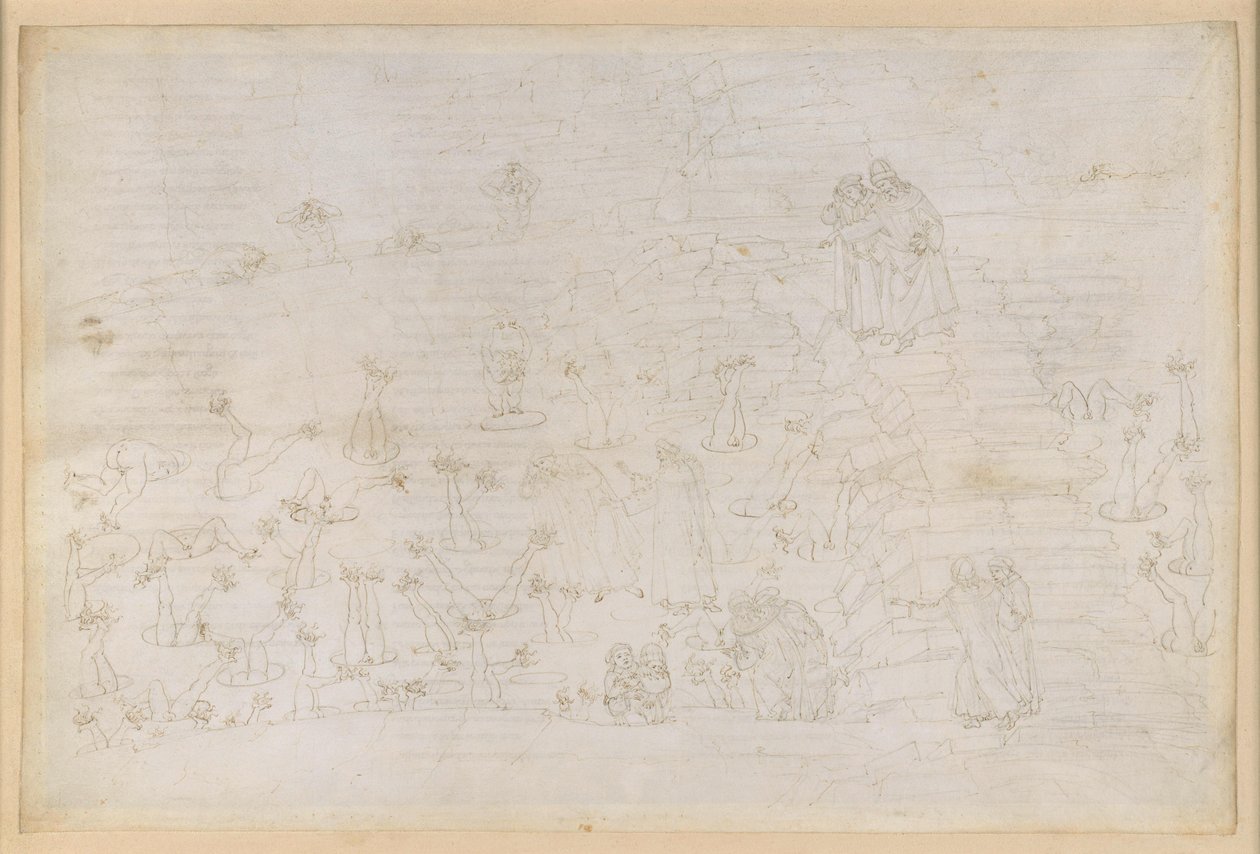 La Divina Commedia, Inferno XIX. Vergil og Dante i helvetes åttende sirkel (Malebolge), 3. bolgia: Korrupte kirkelige embetsmenn, straff for simonistene av Sandro Botticelli