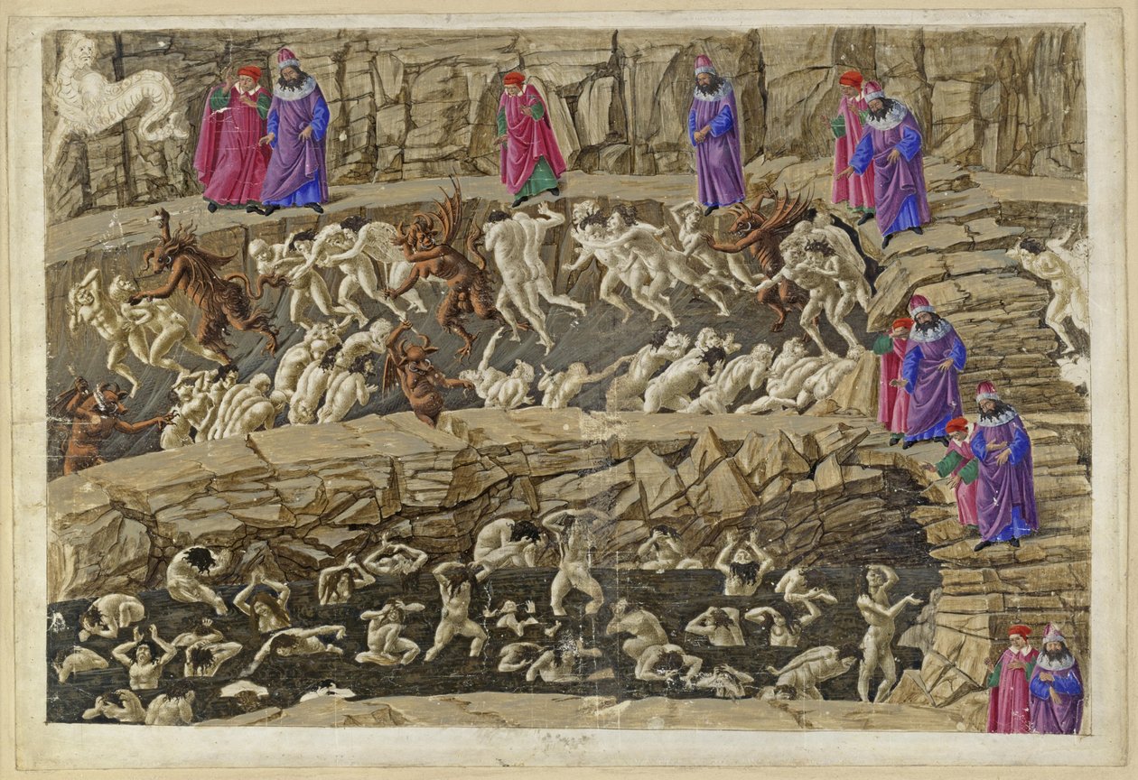 Den guddommelige komedie, Helvete XVIII. Vergil og Dante i Helvetes åttende krets (Malebolge), 1. og 2. bolgia: straff av koblere og forførere, smigrere og horer av Sandro Botticelli