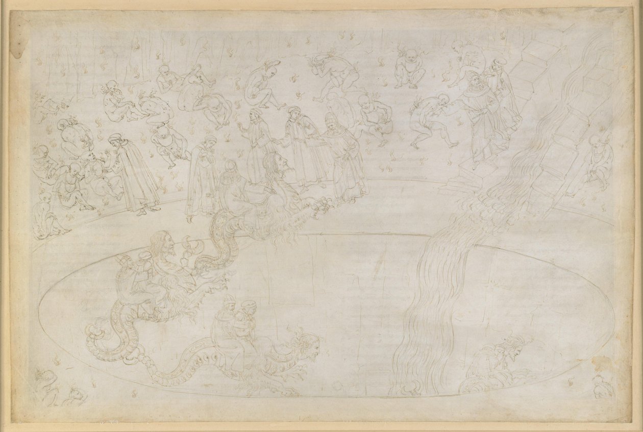 La Divina Commedia, Inferno XVII. Vergil og Dante i helvetes syvende sirkel, 3. del: Voldspersoner som har brutt den guddommelige orden i flammeørkenen, straff for ågerkarene; nedstigning i dypet på ryggen til Geryon av Sandro Botticelli