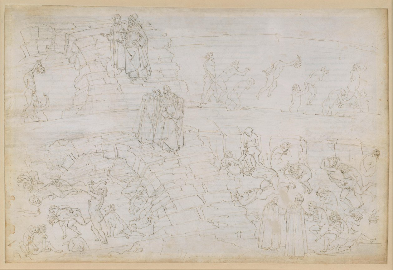 La Divina Commedia, Inferno XXIX. Vergil og Dante i helvetes åttende sirkel (Malebolge), 10. bolgia: Straffen for forfalskere og alkymister av Sandro Botticelli