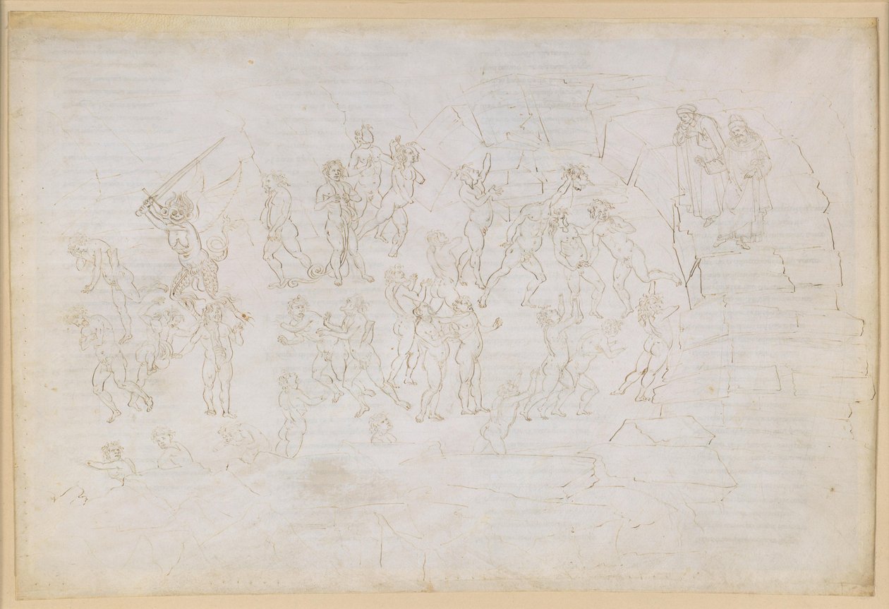 La Divina Commedia, Inferno XXVIII. Vergil og Dante i helvetes åttende sirkel (Malebolge), 9. bolgia: Straffen for kjettere og splittelsesmakere; møte med Muhammed og Bertran de Born av Sandro Botticelli
