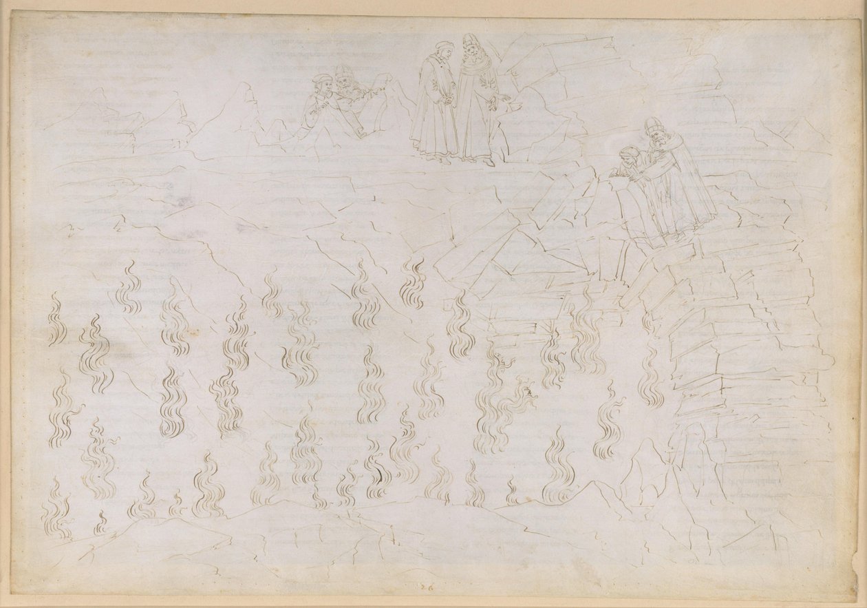 La Divina Commedia, Inferno XXVI. Vergil og Dante i helvetes åttende sirkel (Malebolge), 8. bolgia: Straffen for falske rådgivere; samtale med Odyssevs av Sandro Botticelli