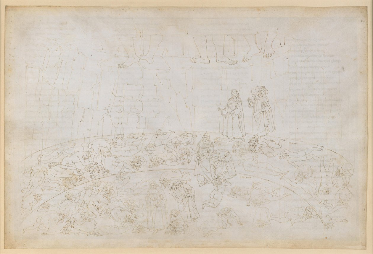 La Divina Commedia, Inferno XXXII. Den niende sirkelen (Cocytus), 1. og 2. del: Straffen for de som har forrådt sine slektninger og sitt fedreland, i isen i Caina og Antenora av Sandro Botticelli