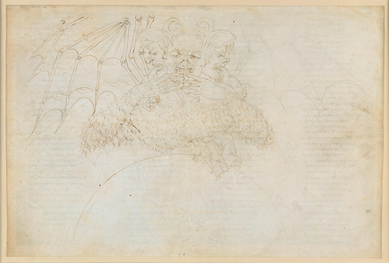 La Divina Commedia, Inferno XXXIV (1): Helvetes sentrum: Lucifer i isen på Giudecca, mens han knuser Judas, Brutus og Cassius av Sandro Botticelli