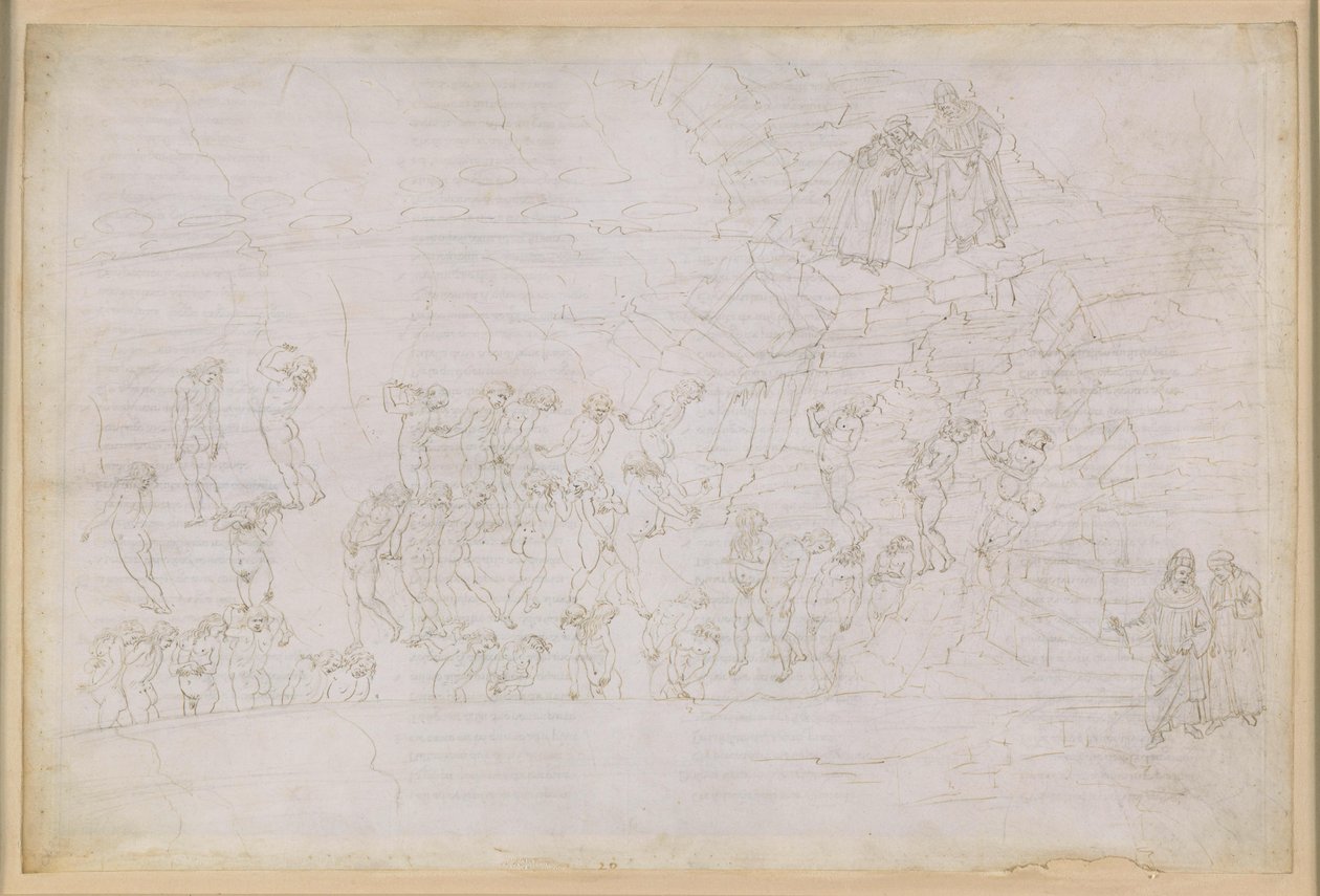 La Divina Commedia, Inferno XX. Vergil og Dante i helvetes åttende sirkel (Malebolge), 4. bolgia: Straffen for trollmenn og spåmenn; møtet med Manto av Sandro Botticelli