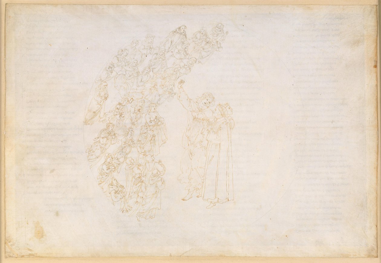 La Divina Commedia, Paradiso III. Den første planetsfæren (månehimmelen): Åpenbaringen av sjelene som en gang ble forhindret i å oppfylle et løfte; Dantes samtale med Piccarda Donati av Sandro Botticelli