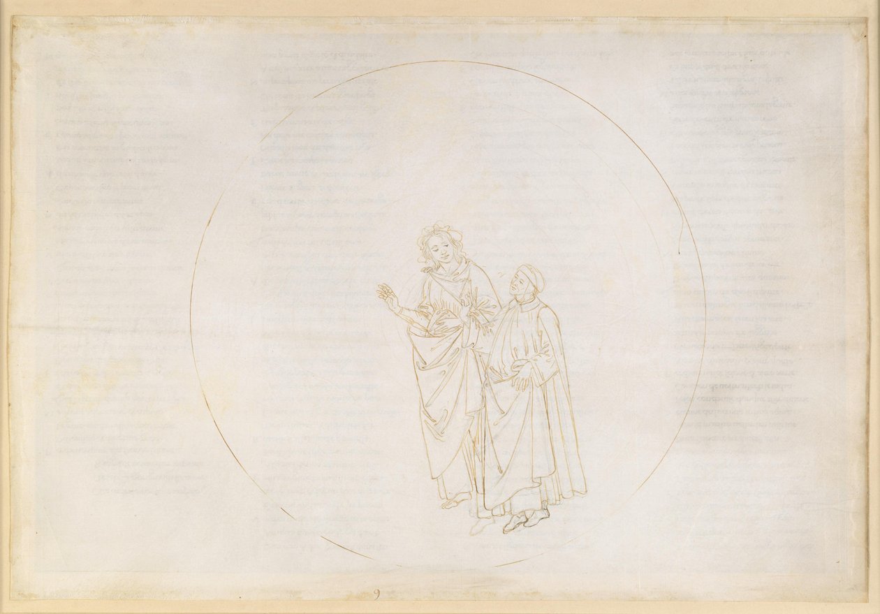 La Divina Commedia, Paradiso IX. Den tredje planetsfæren (Venus’ himmel): Cunizza d’Romano og Folquet fra Marseille forklarer Dante hva deres stjerne er for noe av Sandro Botticelli