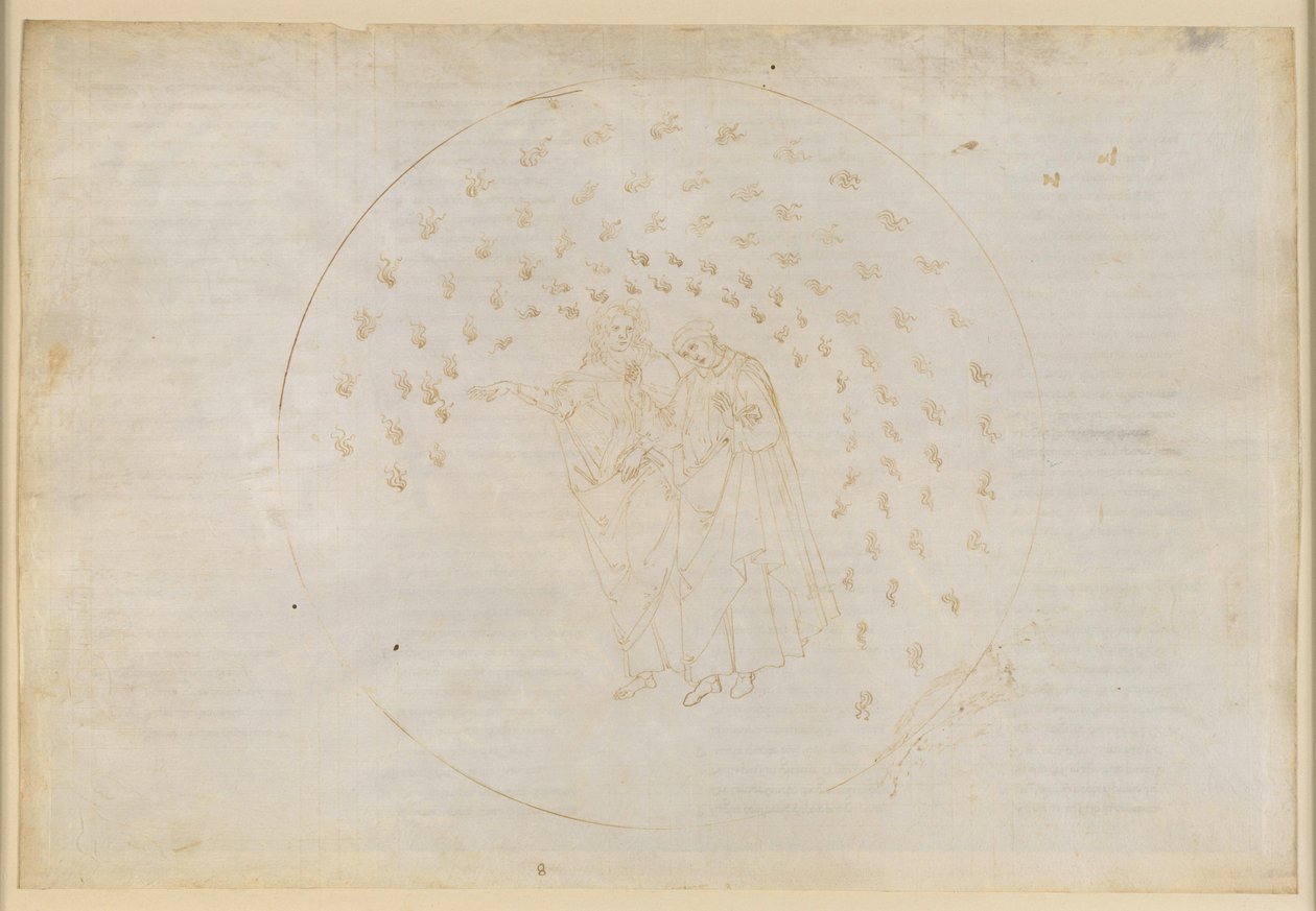 La Divina Commedia, Paradiso VIII. Den tredje planetsfæren (Venus’ himmel): De elskendes rike; Karl Martells sjel klager over sin familie og forklarer Dante årsakene til at mennesker er så forskjellige av Sandro Botticelli