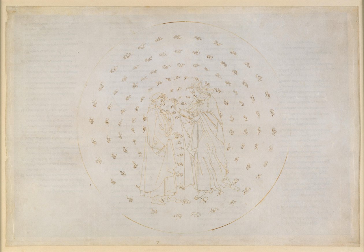 La Divina Commedia, Paradiso VII. Den andre planetsfæren (Merkurs himmel): Beatrice innvier Dante i vanskelige spørsmål om guddommelig rettferdighet, menneskets arvesynd og frelsen gjennom Kristi død av Sandro Botticelli