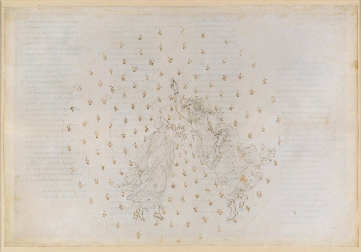La Divina Commedia, Paradiso VI. Den andre planetsfæren (Merkurs himmel): Justinian forteller Dante historien om keiserdømmet og beretter om de rettferdiges sjeler i Merkur av Sandro Botticelli