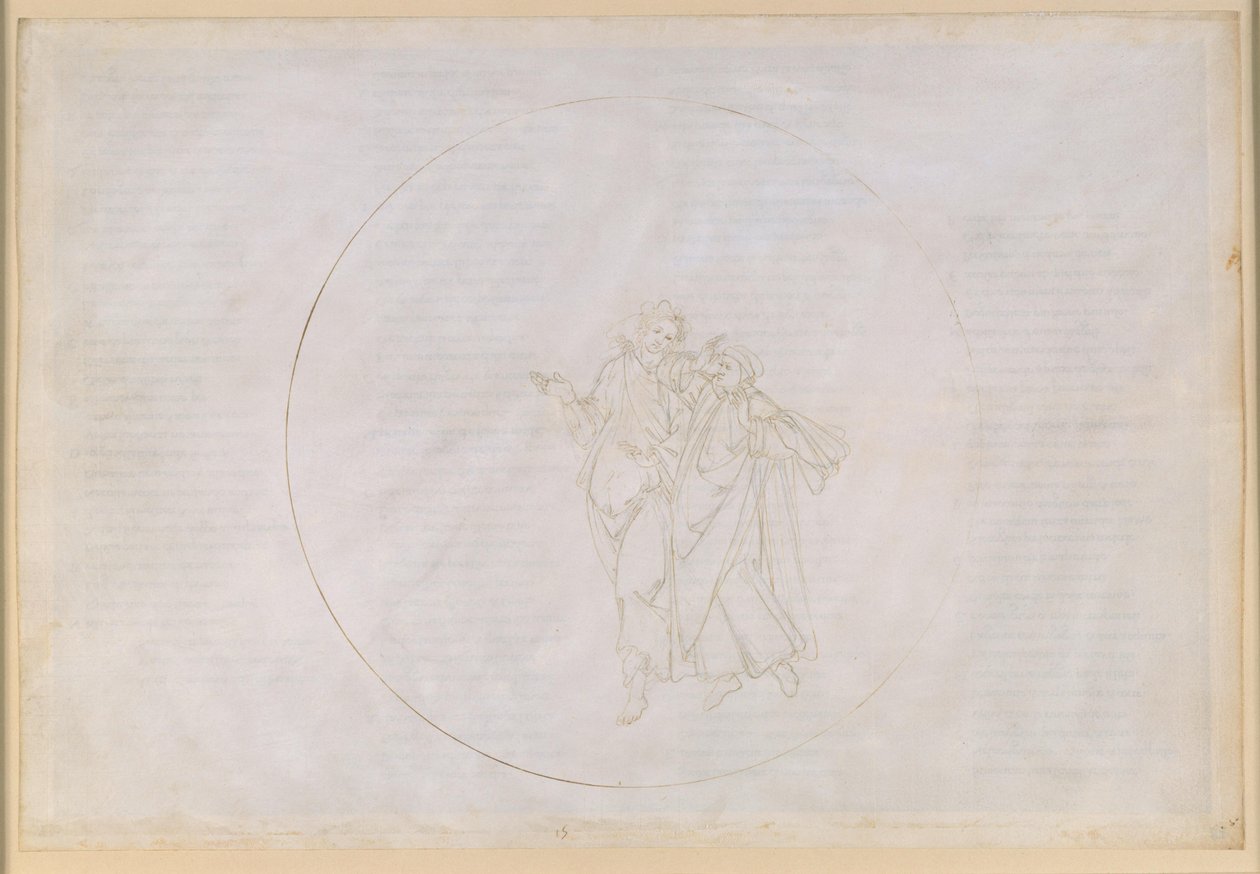 La Divina Commedia, Paradiso XV. Den femte planetsfæren (Mars’ himmel): Cacciaguida, stamfar til Alighieri-familien, forteller Dante om sine forfedre i det gamle Firenze av Sandro Botticelli