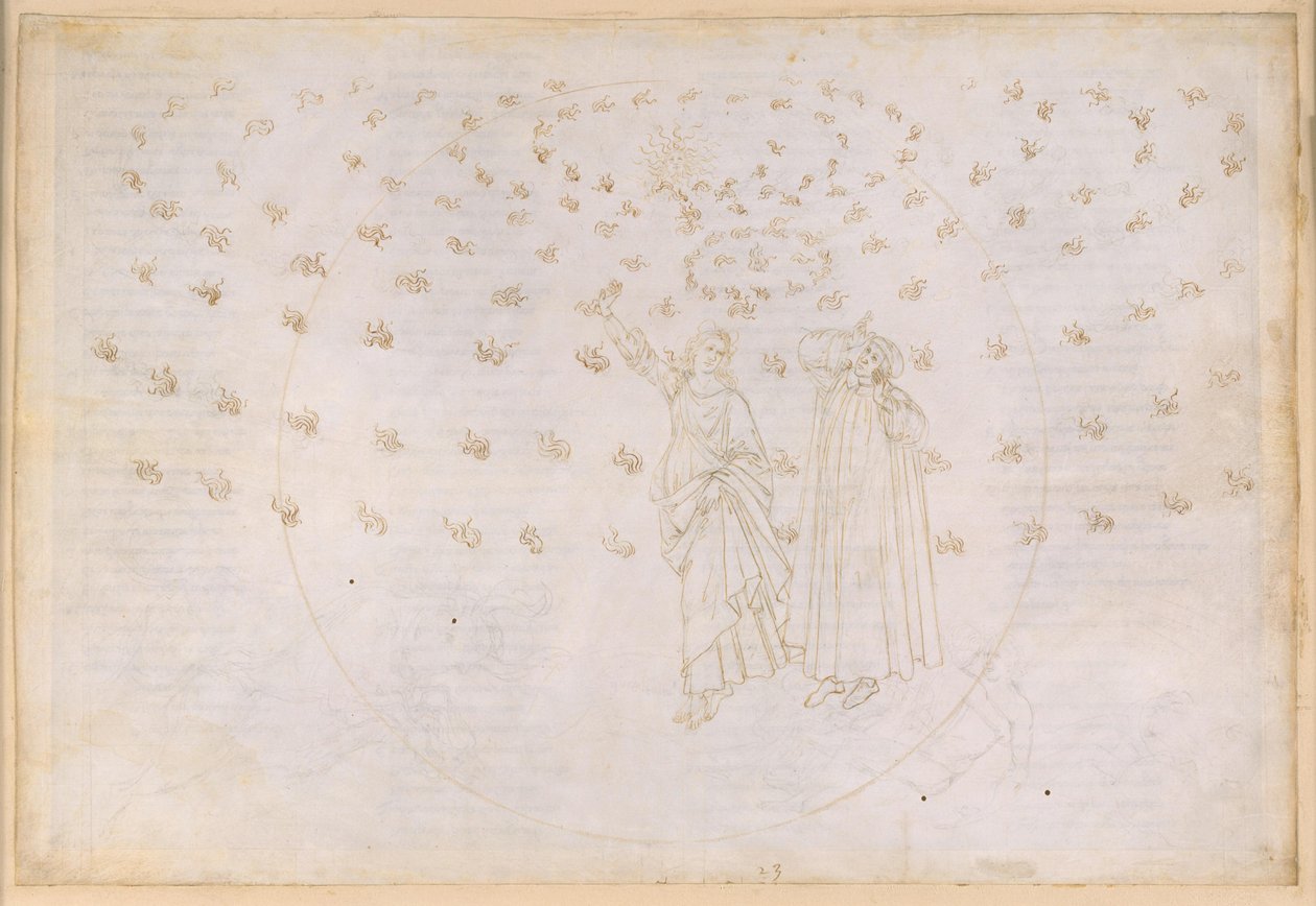 La Divina Commedia, Paradiso XXIII. Den åttende sfæren (faststjernehimmelen): Synet av Kristi triumf; Dante ser Beatrice i hennes sanne skikkelse; Mariadansen og de tolv apostlene av Sandro Botticelli
