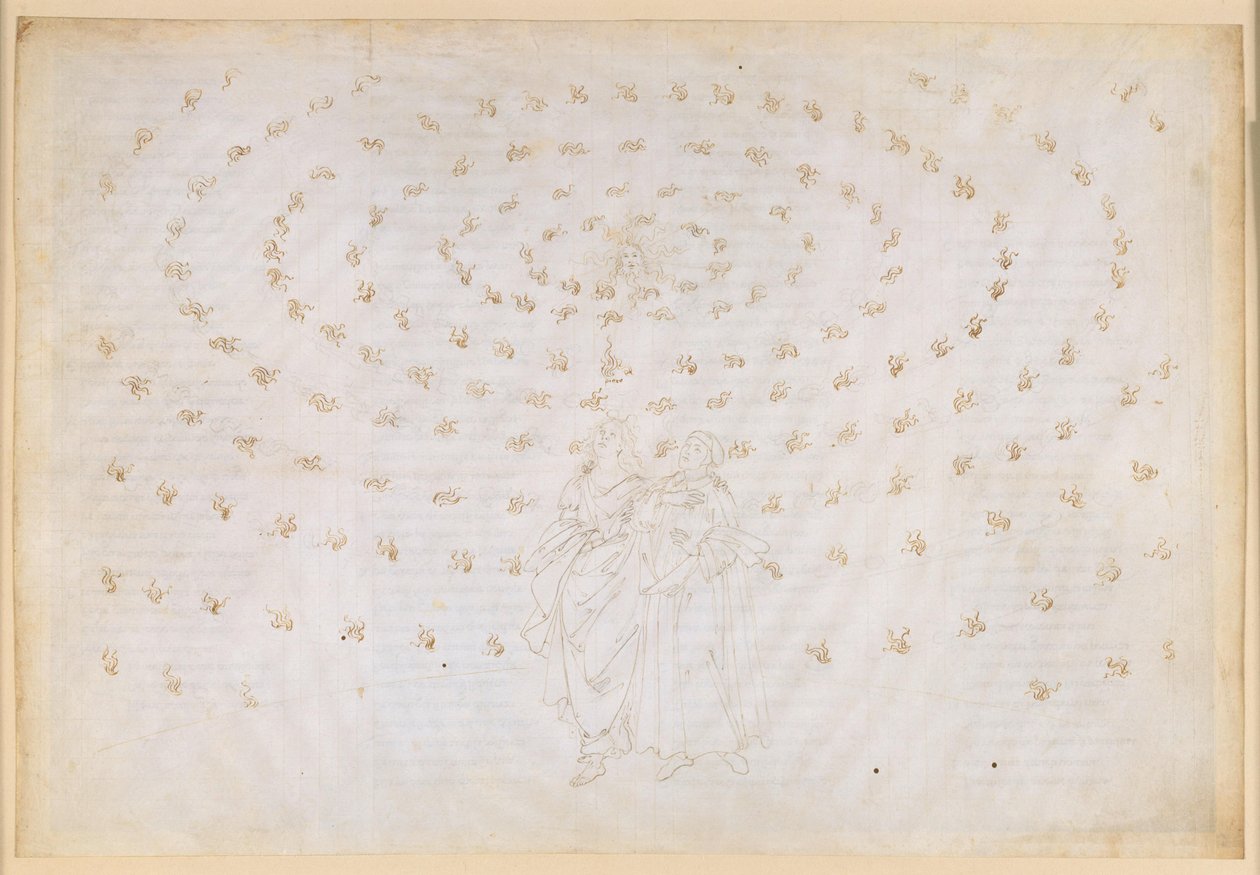 La Divina Commedia, Paradiso XXIV. Den åttende sfæren (den faste stjernehimmelen): Beatrice ber Petrus om å prøve hennes elev i den sanne troen, den første teologiske dyden; Dantes trosbekjennelse av Sandro Botticelli