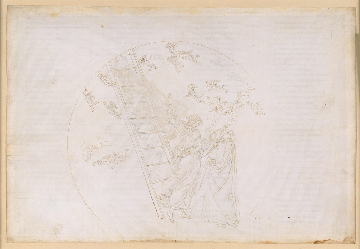 La Divina Commedia, Paradiso XXI. Overgang til den syvende planetsfæren (Saturns himmel): Dante ser Jakobs stige og lyset fra de salige, som en gang har vist seg verdige i Contemplatio; tale av Petrus Damianus av Sandro Botticelli