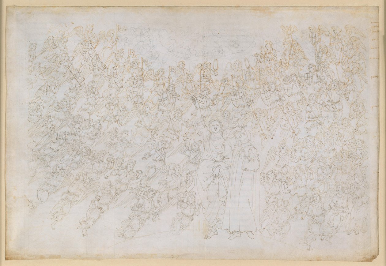 La Divina Commedia, Paradiso XXVIII. Den niende sfæren (Krystallhimmelen eller Primum Mobile): Dante ser Gud som et skarpt lysende punkt, omgitt av englekor; Beatrice forklarer sfærens hierarki og virkende krefter av Sandro Botticelli