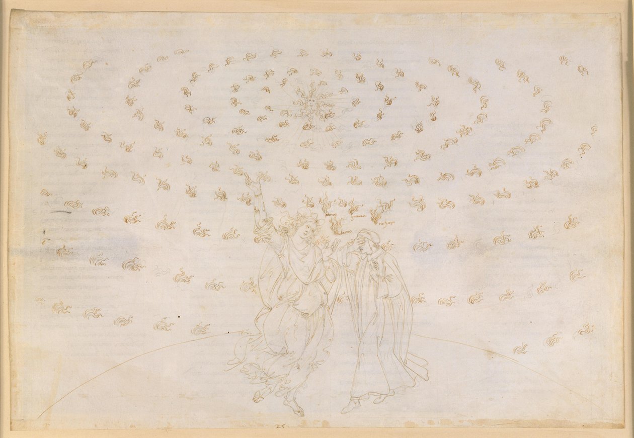 La Divina Commedia, Paradiso XXVI. Den åttende sfæren (faststjernehimmelen): Johannes spør Dante om den tredje teologiske dyden, kjærligheten; Dante får synet tilbake med fornyet styrke; Adams lys vises av Sandro Botticelli