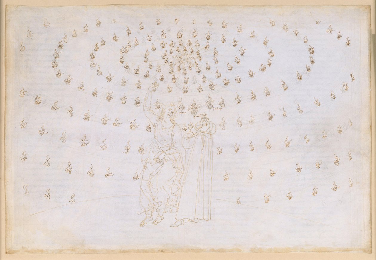 La Divina Commedia, Paradiso XXV. Den åttende sfæren (faststjernehimmelen): Jakobus setter Dante på prøve i den andre teologiske dyden, håpet; Johannes Evangelistens åpenbaring og hans tale om vesenenes tilstand i paradiset; Dantes blinding av Sandro Botticelli