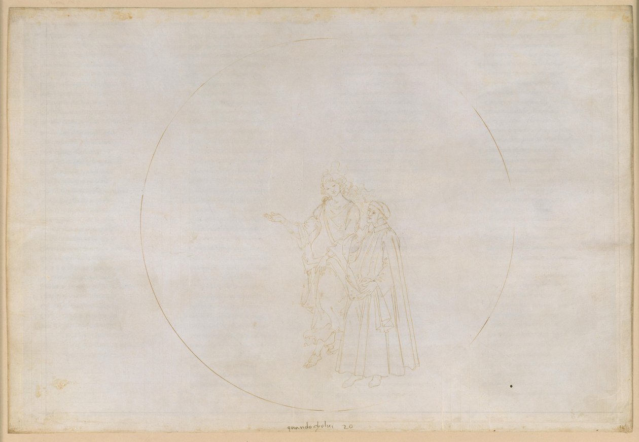 La Divina Commedia, Paradiso XX. Den sjette planetsfæren (Jupiters himmel): Ørnen navngir flammene som danner øyet hans, blant dem to hedninger, hvorpå Dantes tvil blir næret og til slutt fjernet av Sandro Botticelli