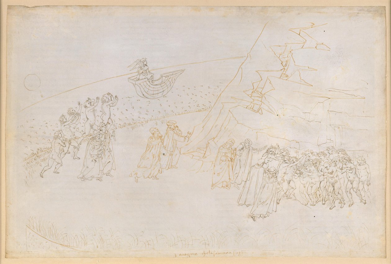 La Divina Commedia, Purgatorio III. Forpurgatorium (Inselring): Bot for de som døde i kirkeforbud; samtale med Manfred von Hohenstaufen av Sandro Botticelli