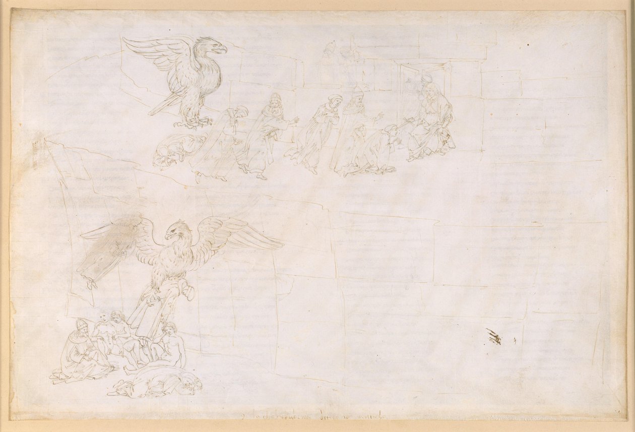 La Divina Commedia, Purgatorio IX. Forpurgatoriet: Midtsonen og portterrassen: Dantes drøm; Foran porten til Purgatoriet av Sandro Botticelli